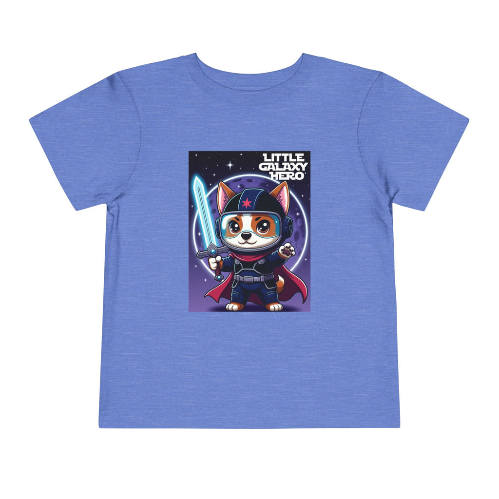 Little Galaxy Hero kids t-shirt in blue featuring a cartoon space puppy wearing a helmet and holding a lightsaber.