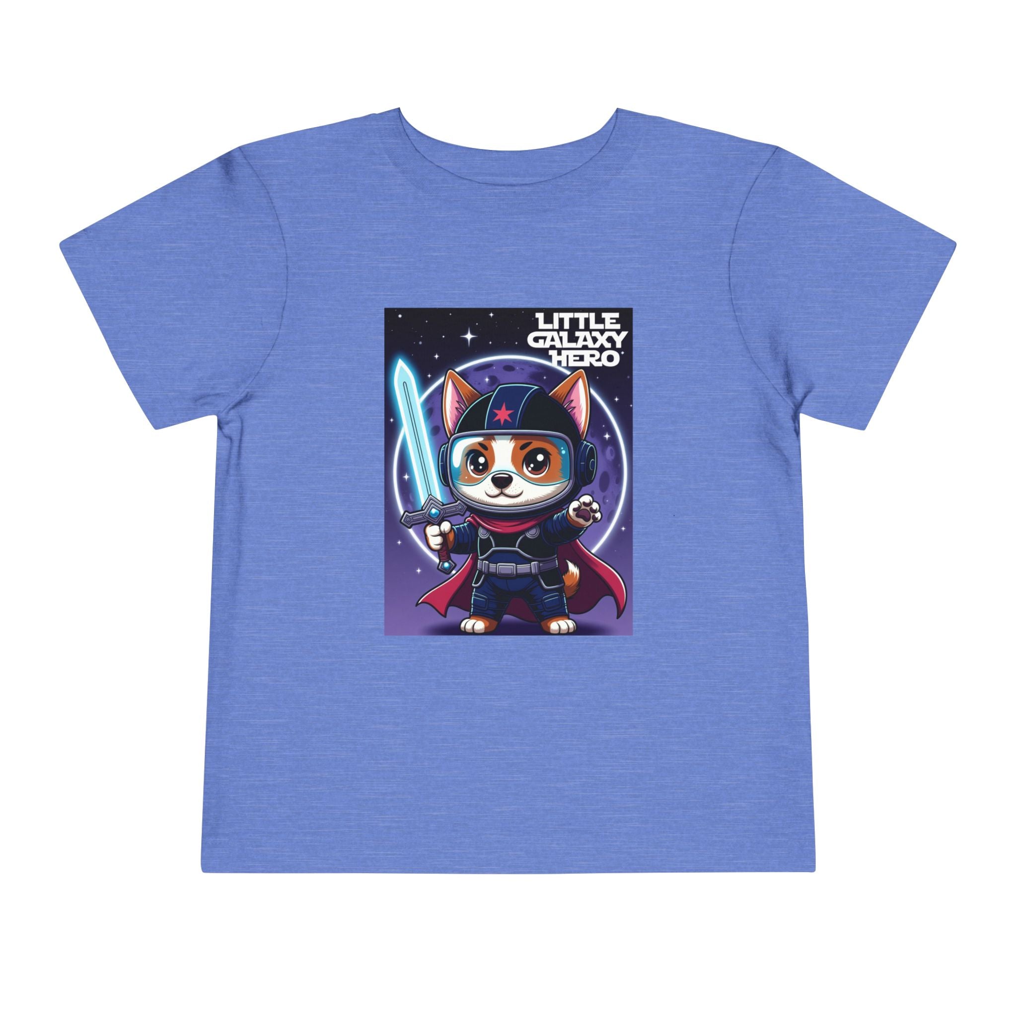 Little Galaxy Hero kids t-shirt in blue featuring a cartoon space puppy wearing a helmet and holding a lightsaber.