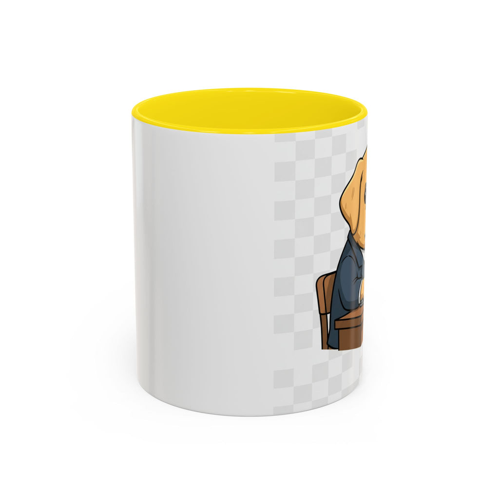 Yellow Lab Boss mug featuring a dog in a suit, with a yellow interior and a white exterior.