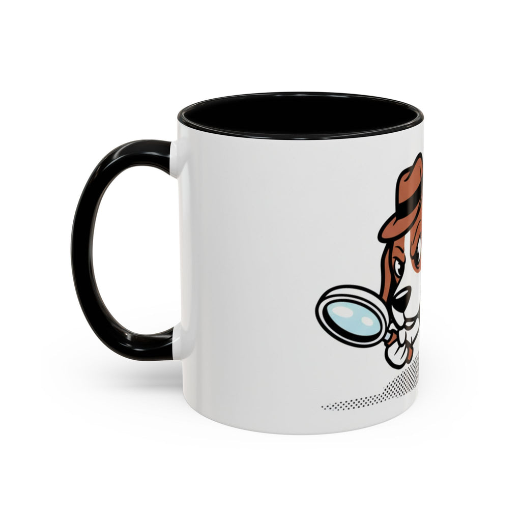 Detective Beagle mug featuring a cartoon dog with a magnifying glass, black handle, and white body.