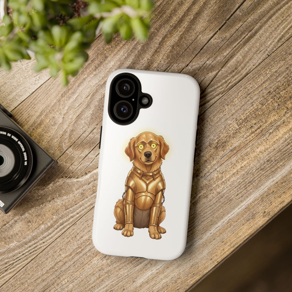 Phone case with a dog design on a wooden surface next to a camera and plant