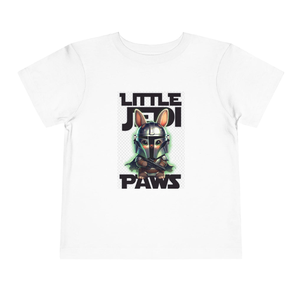 Mandalorian bunny toddler t-shirt in white with "Little Jedi Paws" graphic featuring a bunny in a helmet.