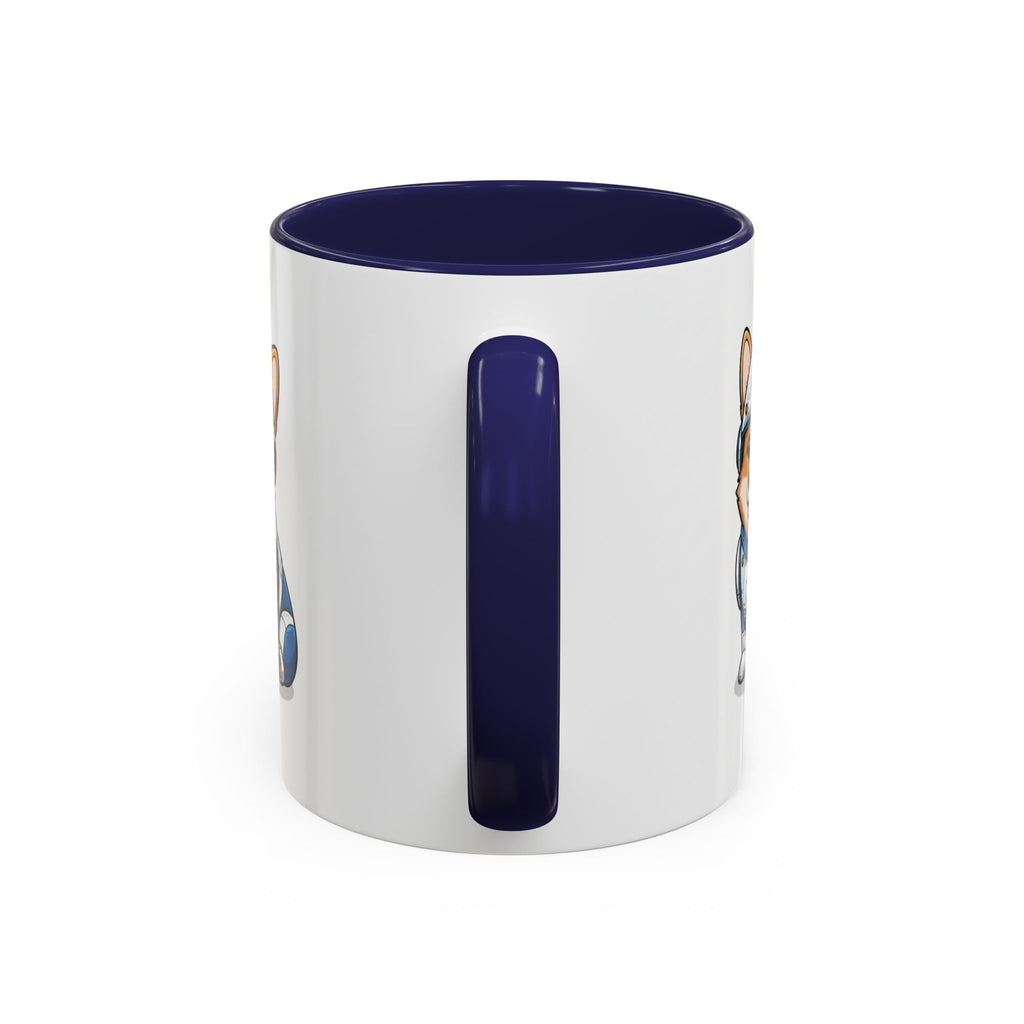 Corgi R2-D2 coffee mug with a navy blue interior and handle, featuring a playful dog design on both sides.