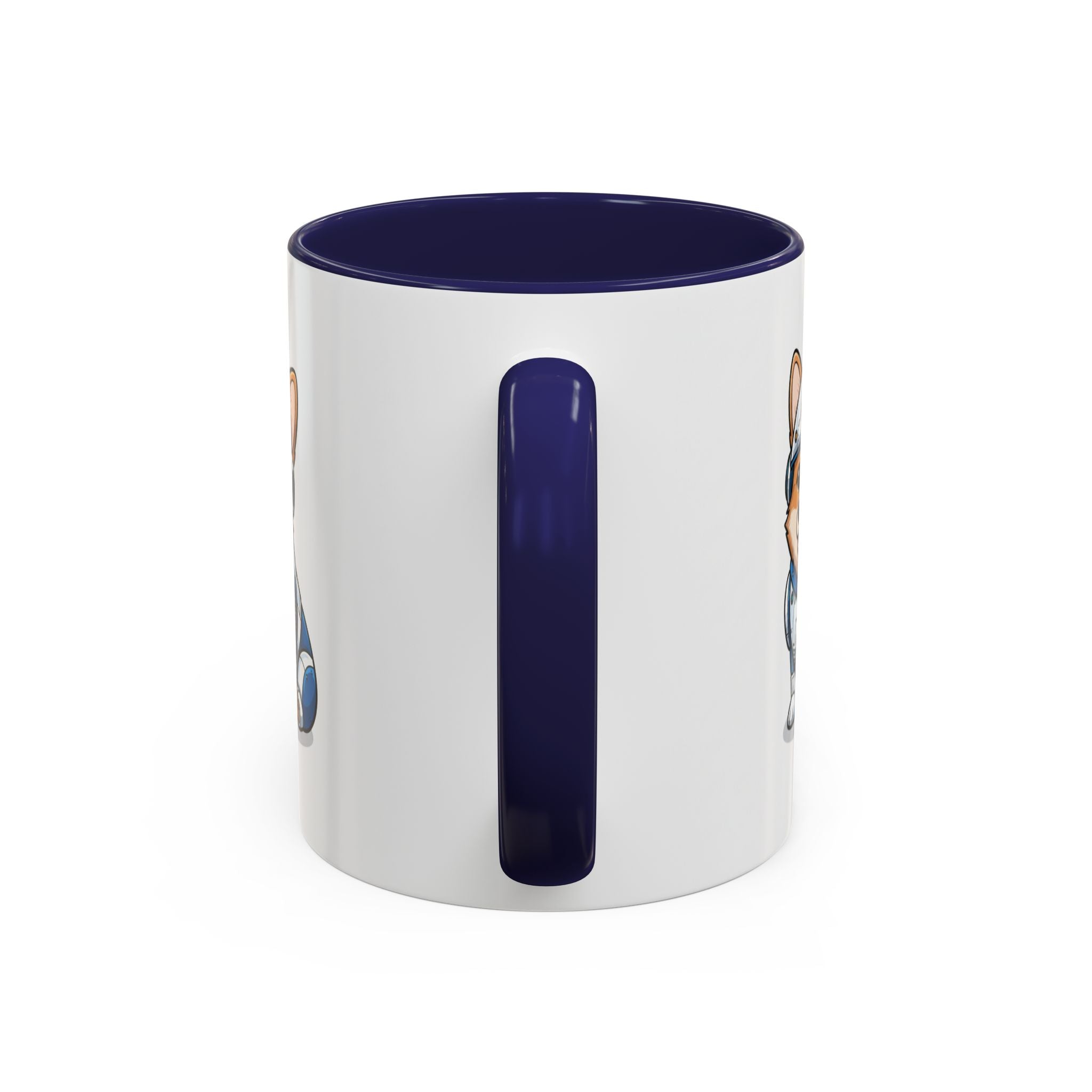 Corgi R2-D2 coffee mug with a navy blue interior and handle, featuring a playful dog design on both sides.