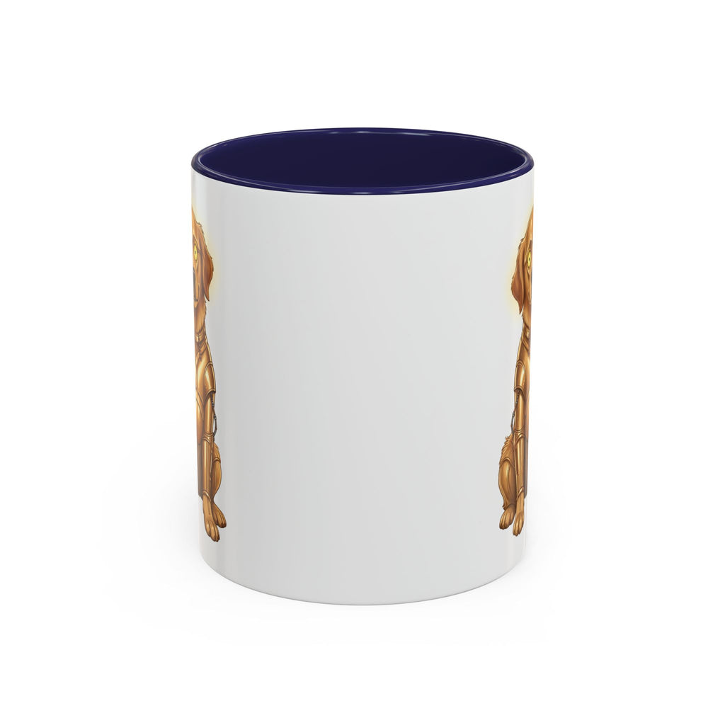 Golden Retriever C-3PO mug with a white exterior and navy blue interior, featuring a dog in a C-3PO costume.