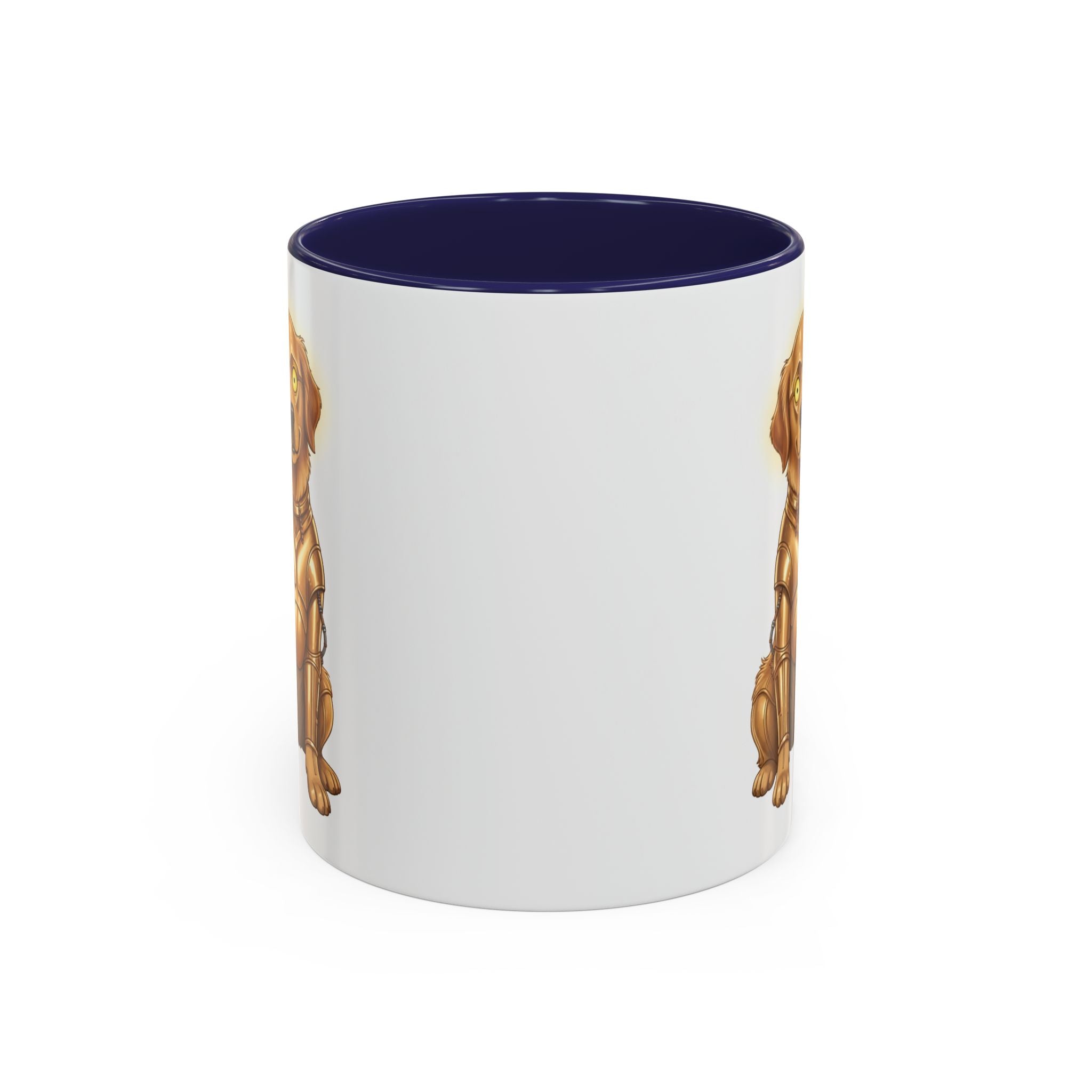 Golden Retriever C-3PO mug with a white exterior and navy blue interior, featuring a dog in a C-3PO costume.