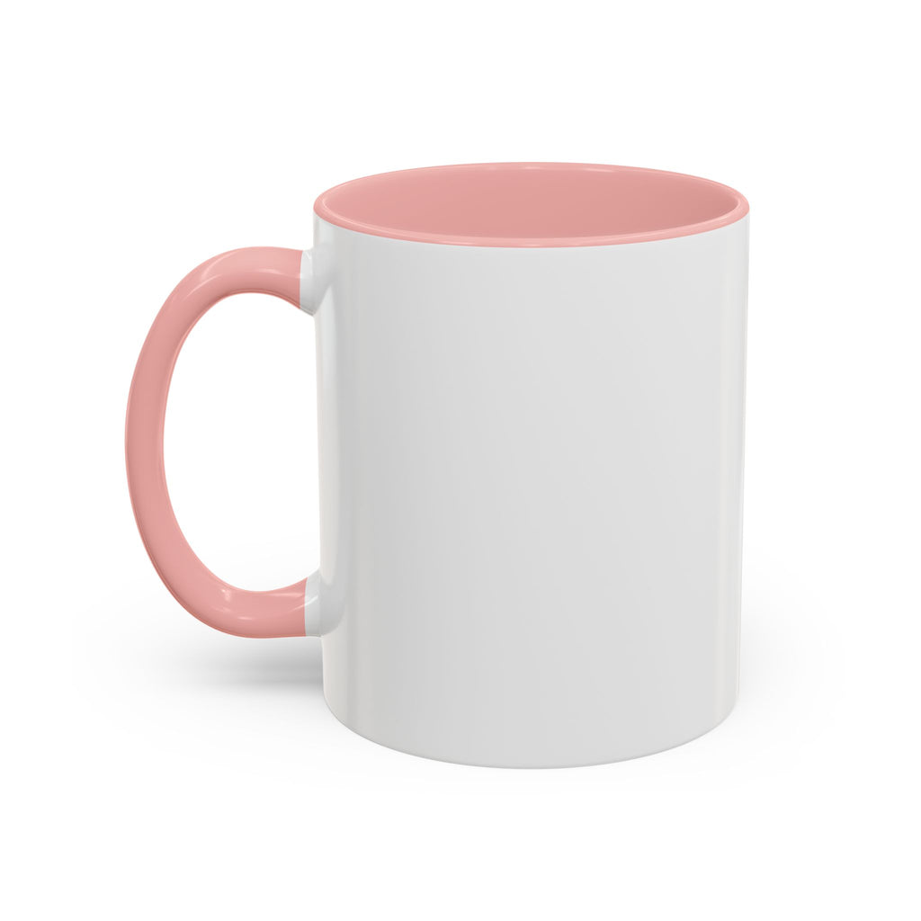 White mug with a pink handle and interior, featuring a funny yellow lab in a suit design. Available in 11oz and 15oz sizes.