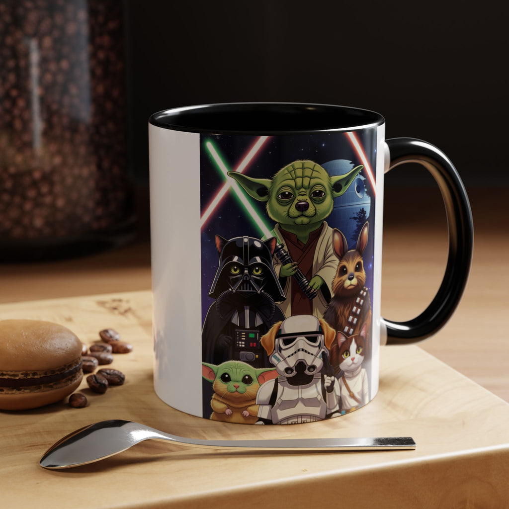 Star Wars Pets coffee mug featuring a galaxy design with cartoon cats and dogs in character costumes.