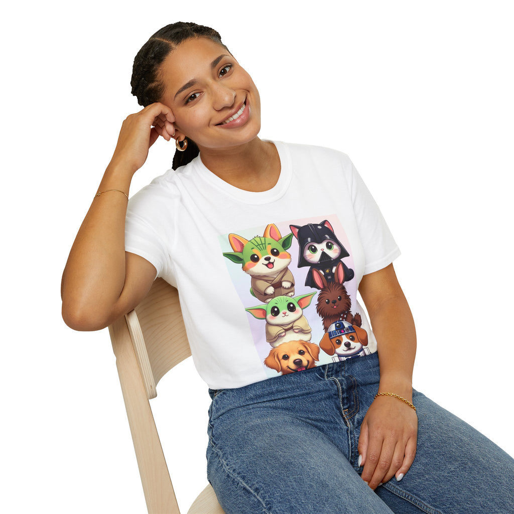 Pawsitive Force T-shirt featuring cartoon pets styled as Star Wars characters on a white background.