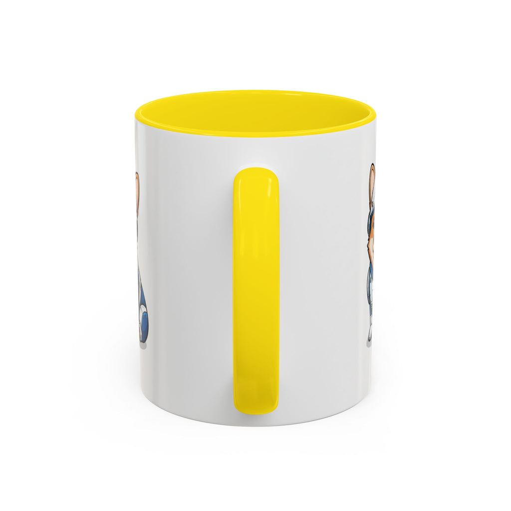 Corgi R2-D2 coffee mug with a yellow handle, featuring a playful dog design on a white background.