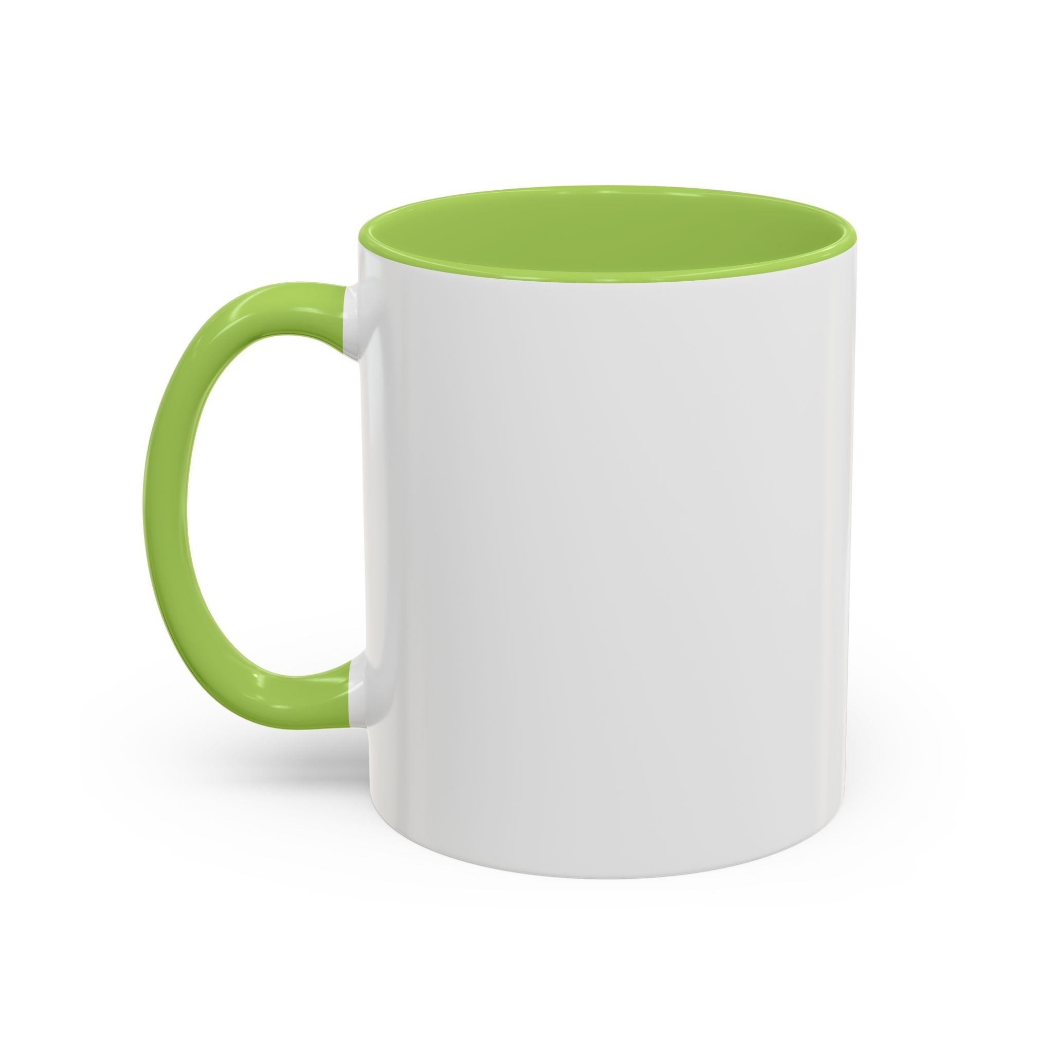 White mug with a green handle and interior, featuring a funny dog in a suit design. Available in 11oz and 15oz sizes.
