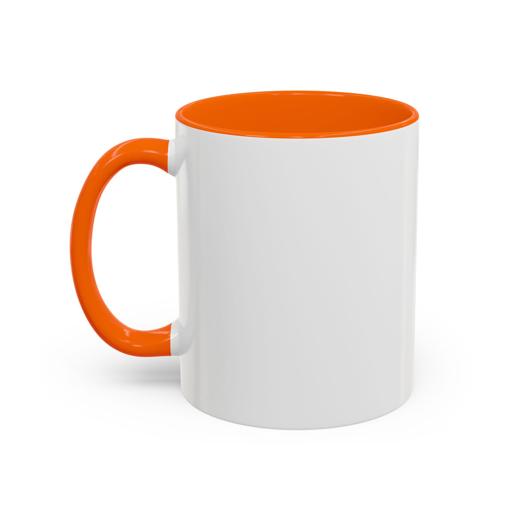 White mug with an orange handle and interior, featuring a funny yellow lab in a suit design.