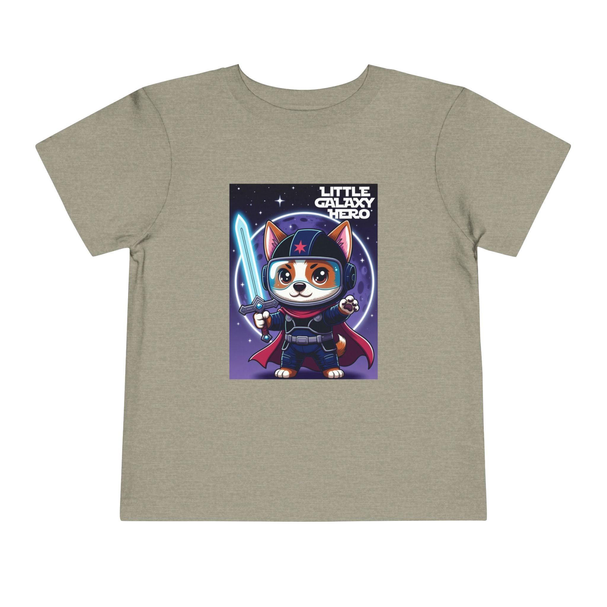 Little Galaxy Hero kids t-shirt in light brown featuring a cartoon space puppy wearing a helmet and holding a lightsaber.
