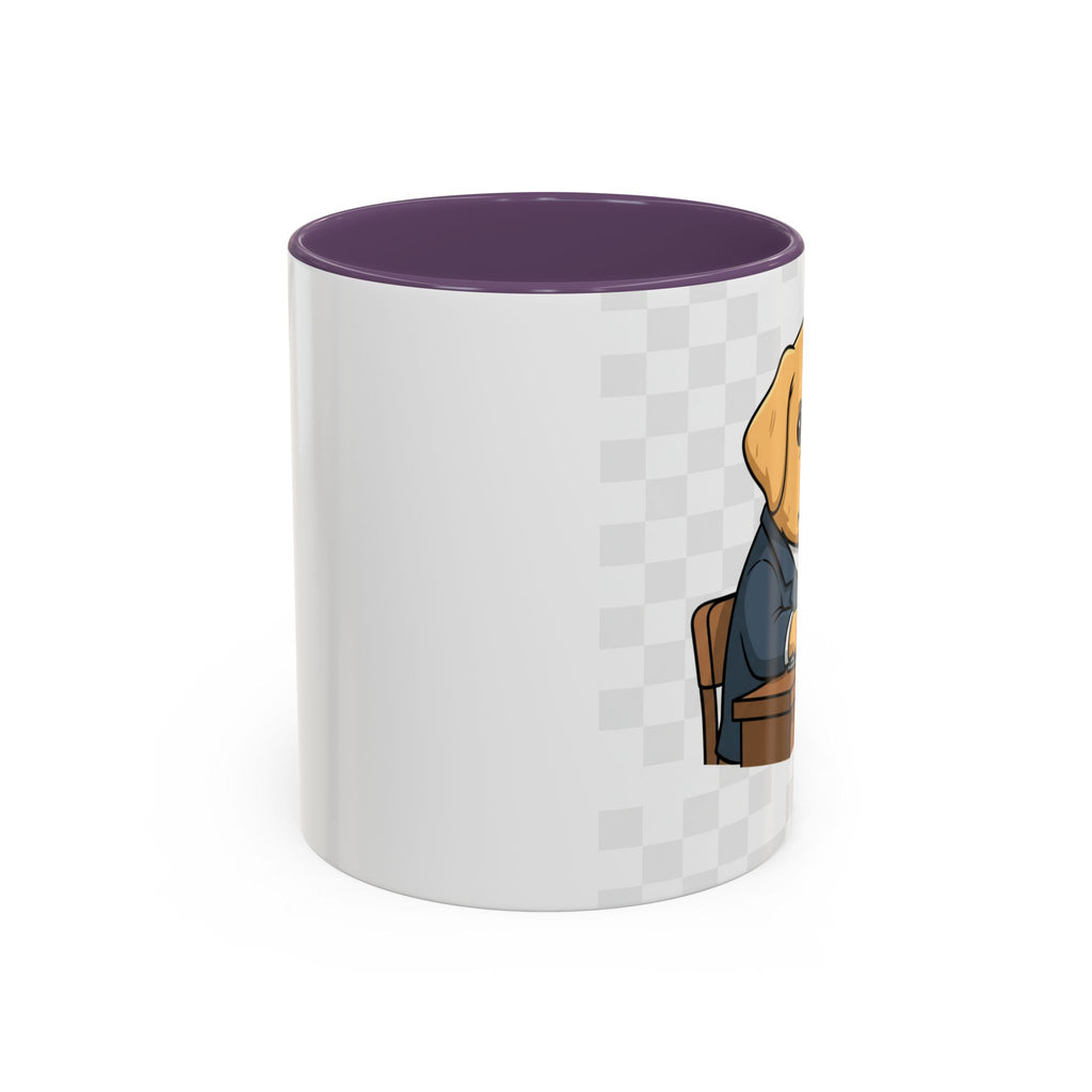 Yellow Lab Boss mug featuring a dog in a suit sitting at a desk, with a purple interior and a checkered background.