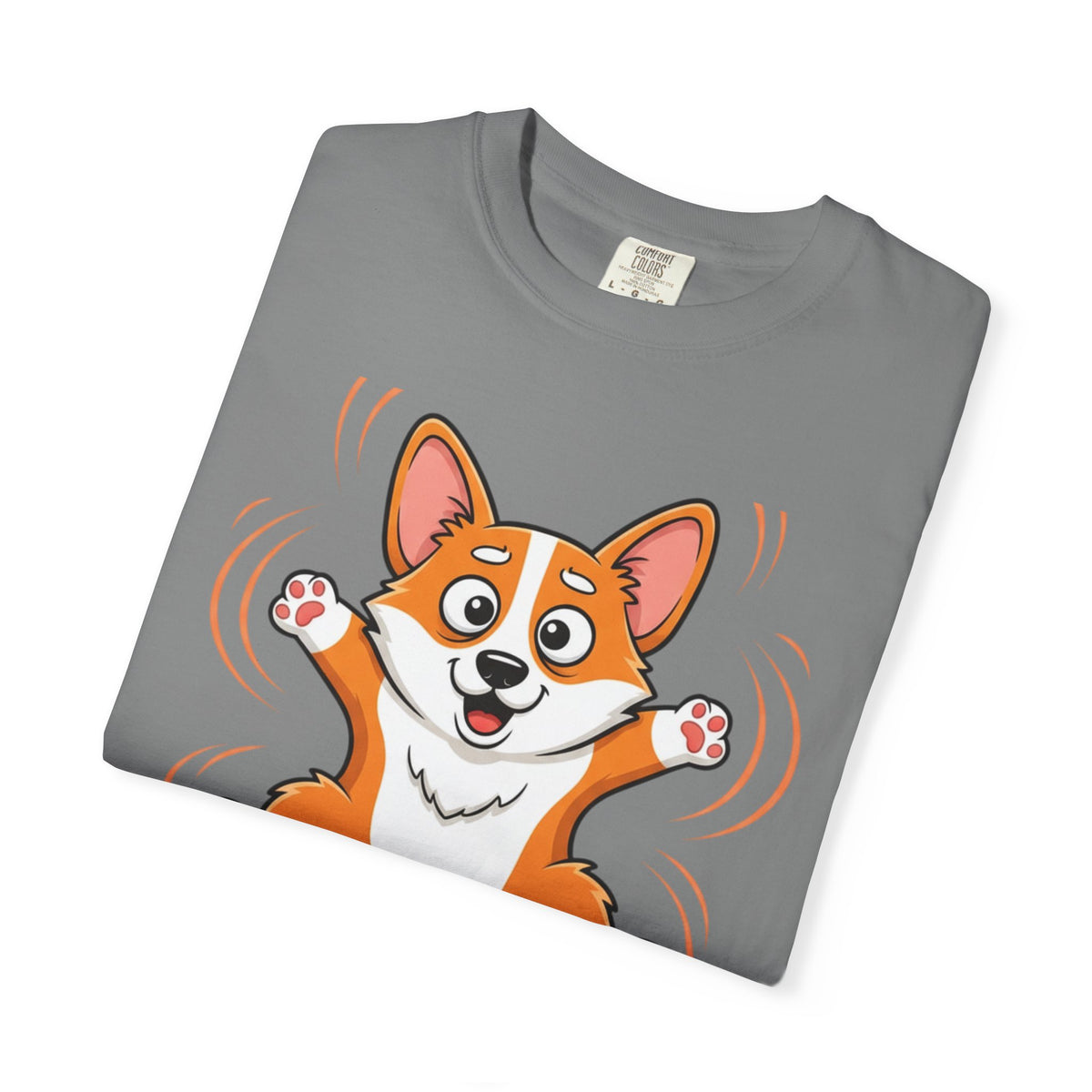 Corgi Jumping on Couch T-Shirt — Cute Dog Graphic Tee for Pet Lovers