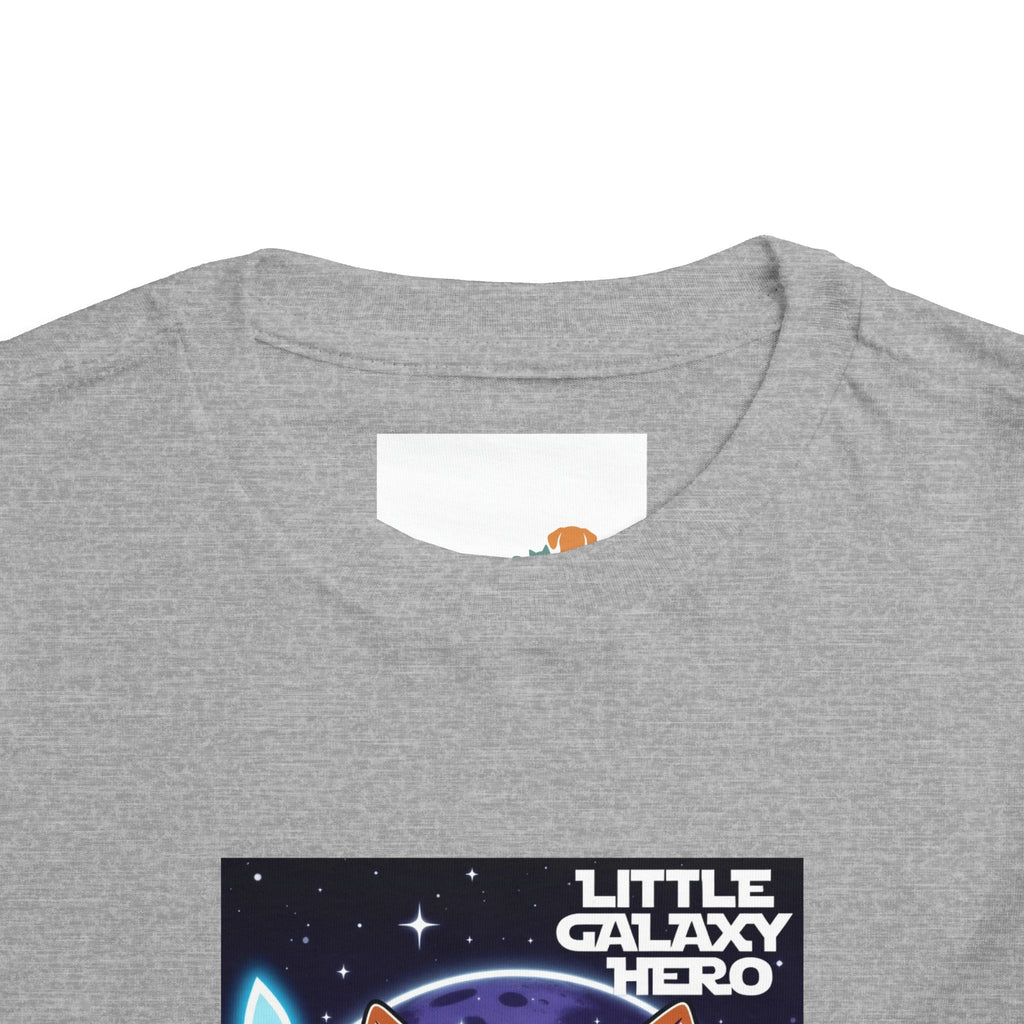 Gray kids t-shirt featuring a cartoon space puppy and the text "Little Galaxy Hero" on the front.