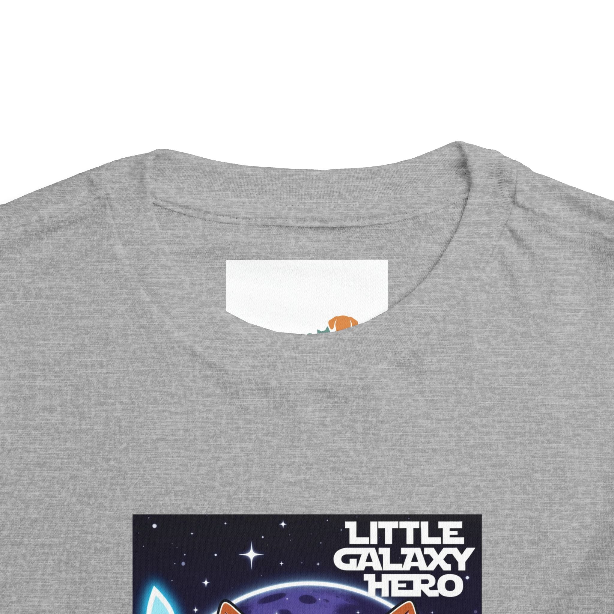 Gray kids t-shirt featuring a cartoon space puppy and the text "Little Galaxy Hero" on the front.