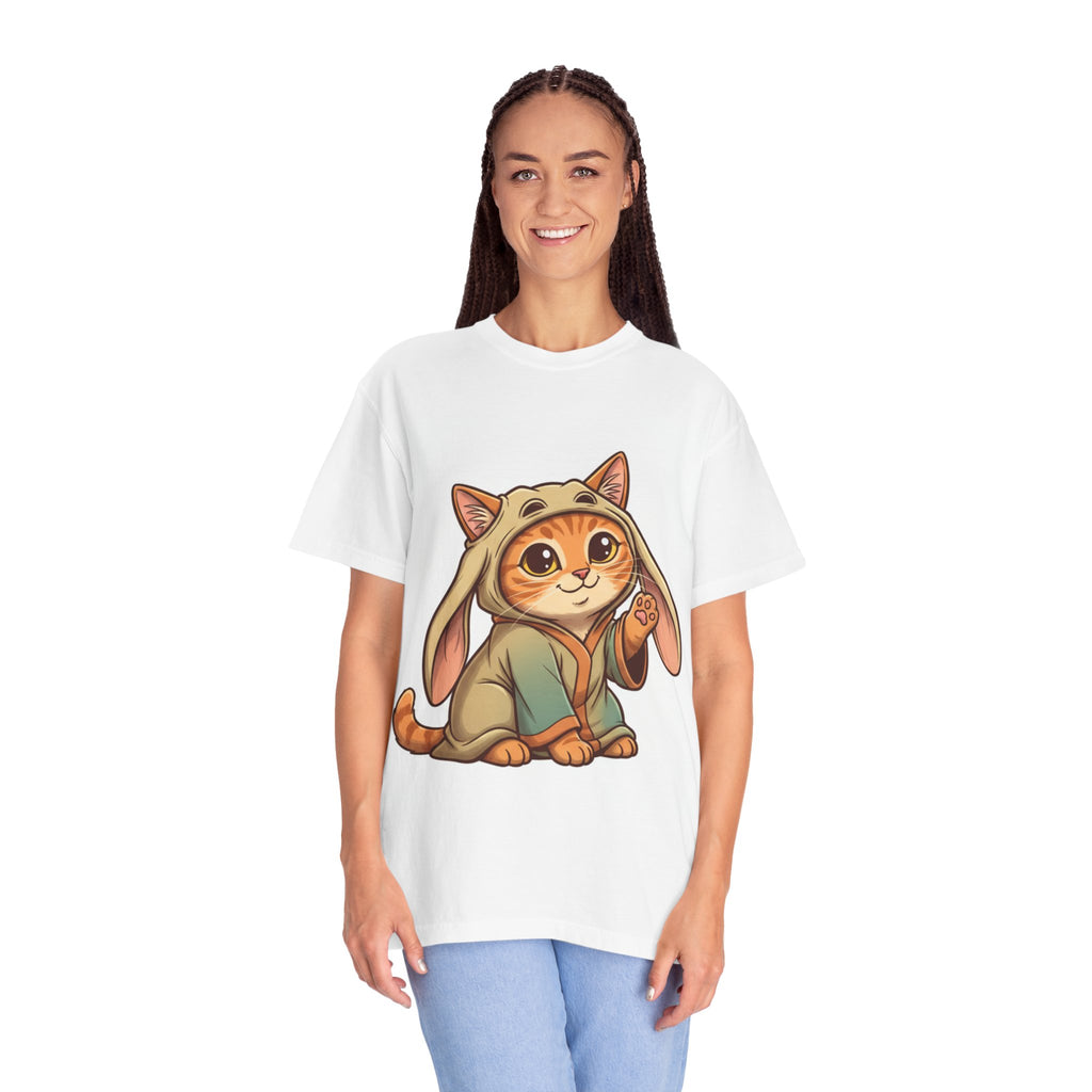 White t-shirt featuring an orange tabby cat dressed as Jar Jar Binks with a hood and playful expression.