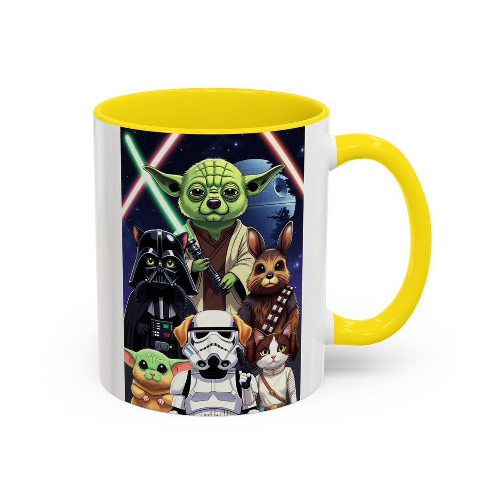 Star Wars Pets coffee mug featuring cartoon cats and dogs in galaxy design with Yoda, Darth Vader, and stormtrooper.