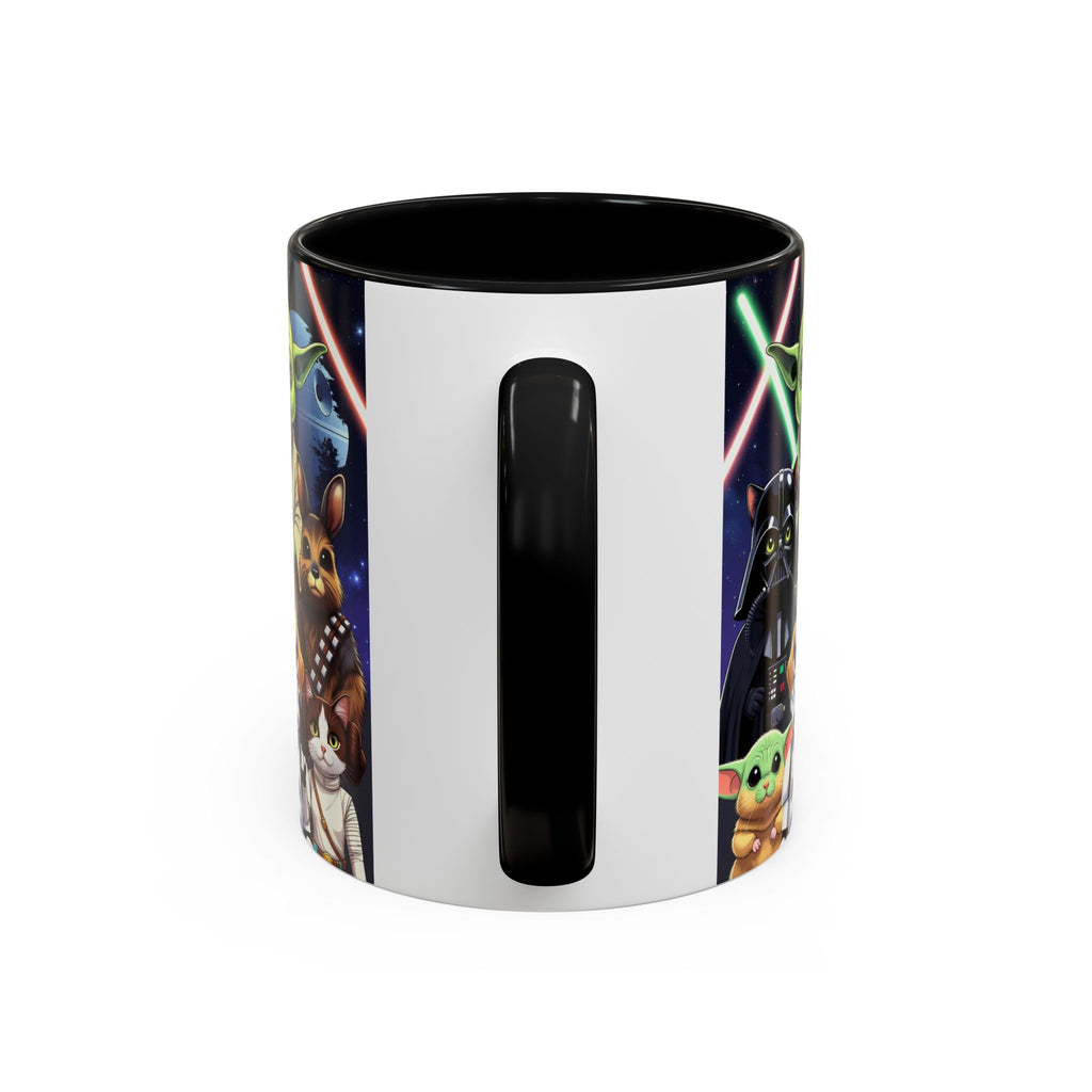 Star Wars Pets coffee mug featuring a galaxy design with cats and dogs, black handle, and colorful lightsabers.