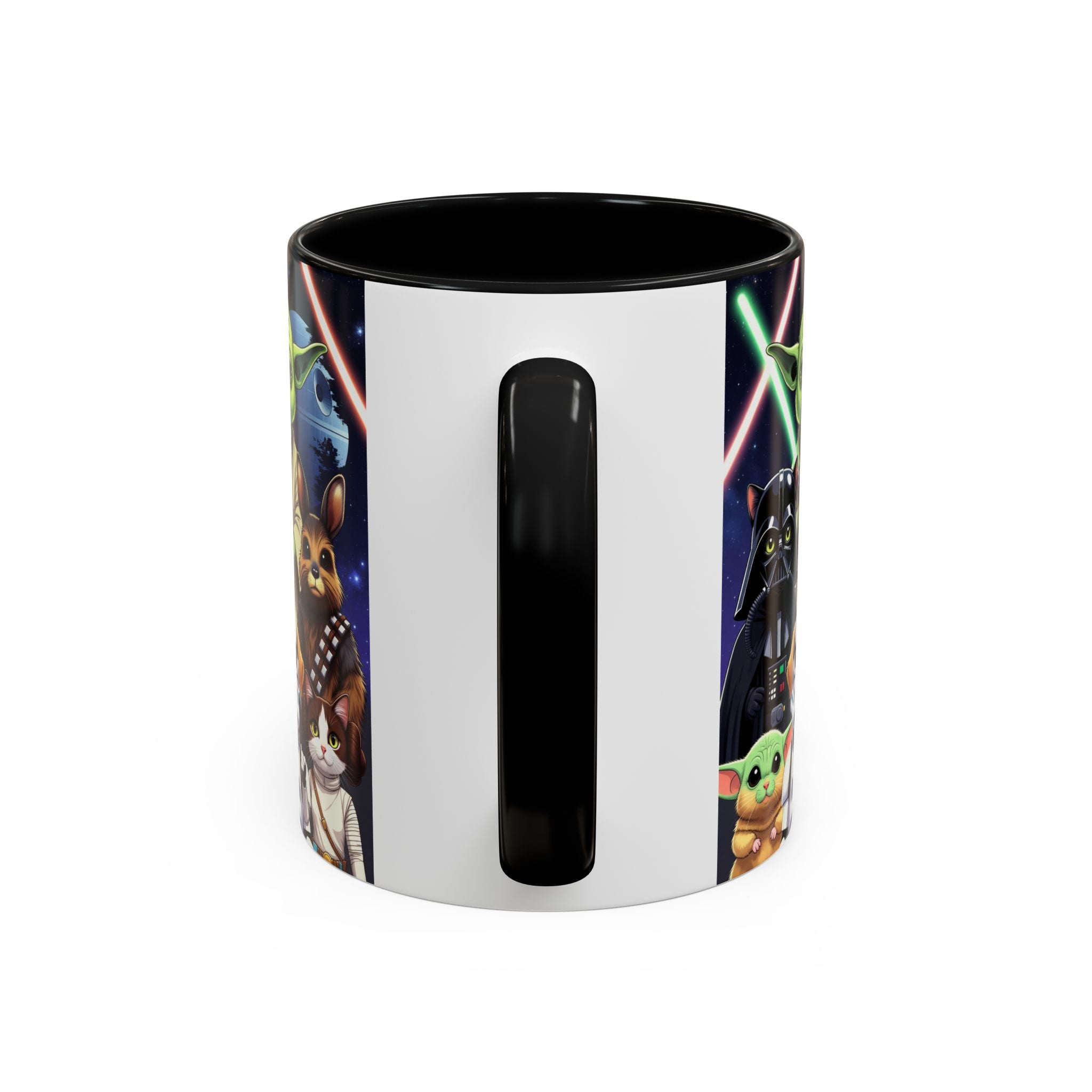 Star Wars Pets coffee mug featuring a galaxy design with cats and dogs, black handle, and colorful lightsabers.