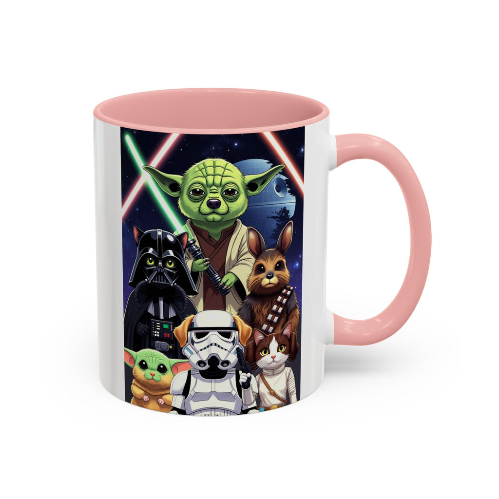Star Wars Pets coffee mug featuring cartoon cats and dogs in galaxy attire with a pink handle and interior.