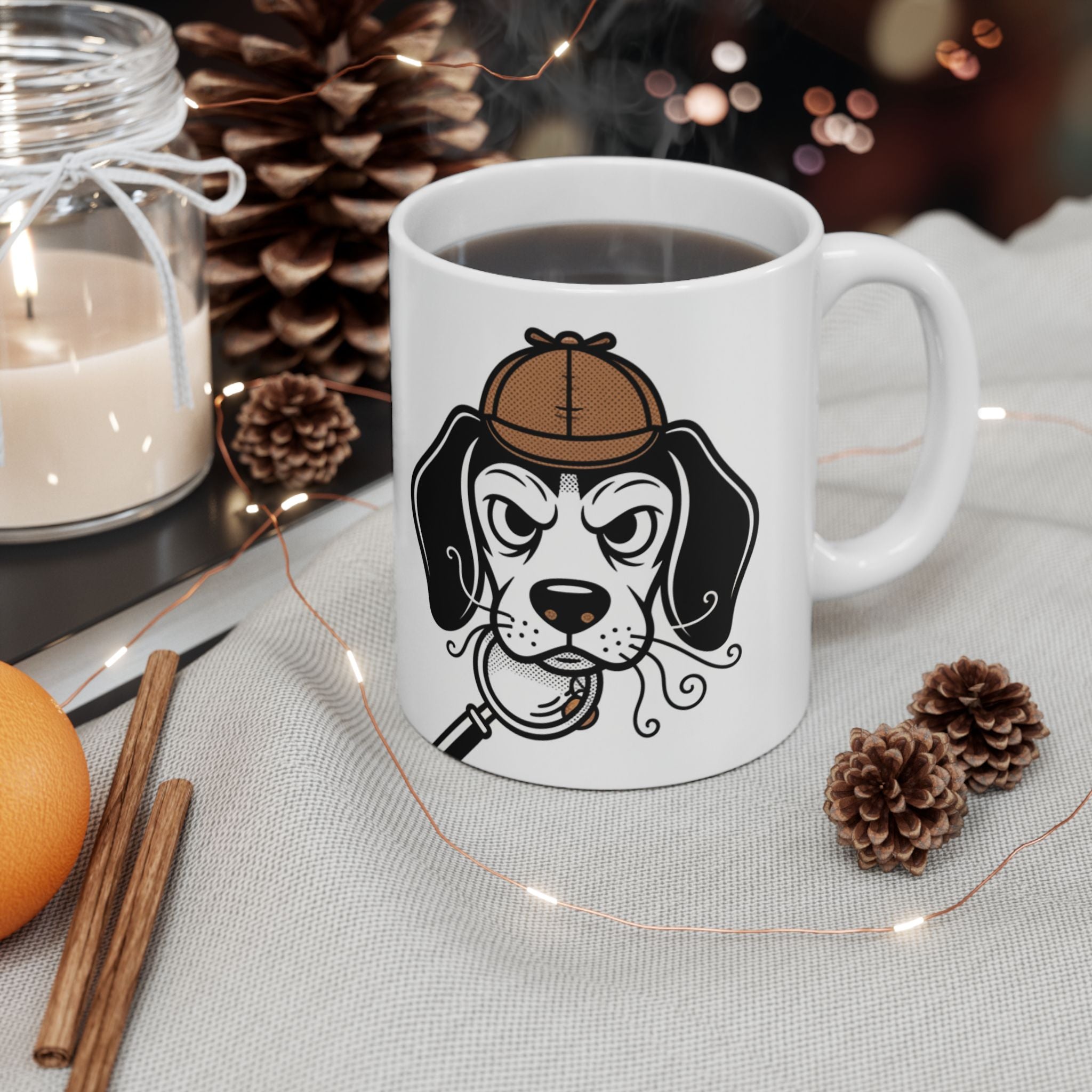 Beagle Detective Ceramic Mug & Tea Cup — Cute Noir Pet Illustration (11oz/15oz)