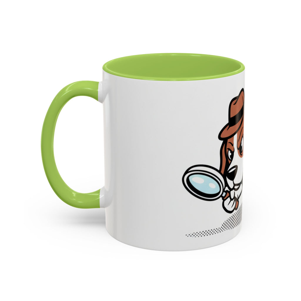 Detective Beagle mug with a green handle, featuring a cartoon beagle holding a magnifying glass.