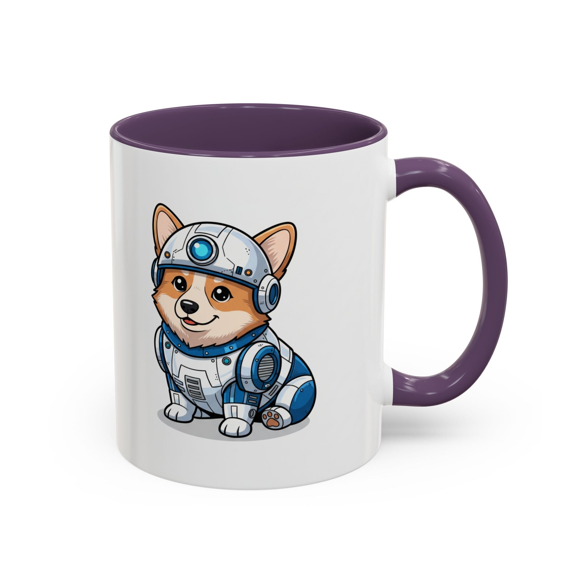 Corgi R2-D2 coffee mug with purple handle, featuring a cartoon corgi in a droid costume, suitable for dog lovers.