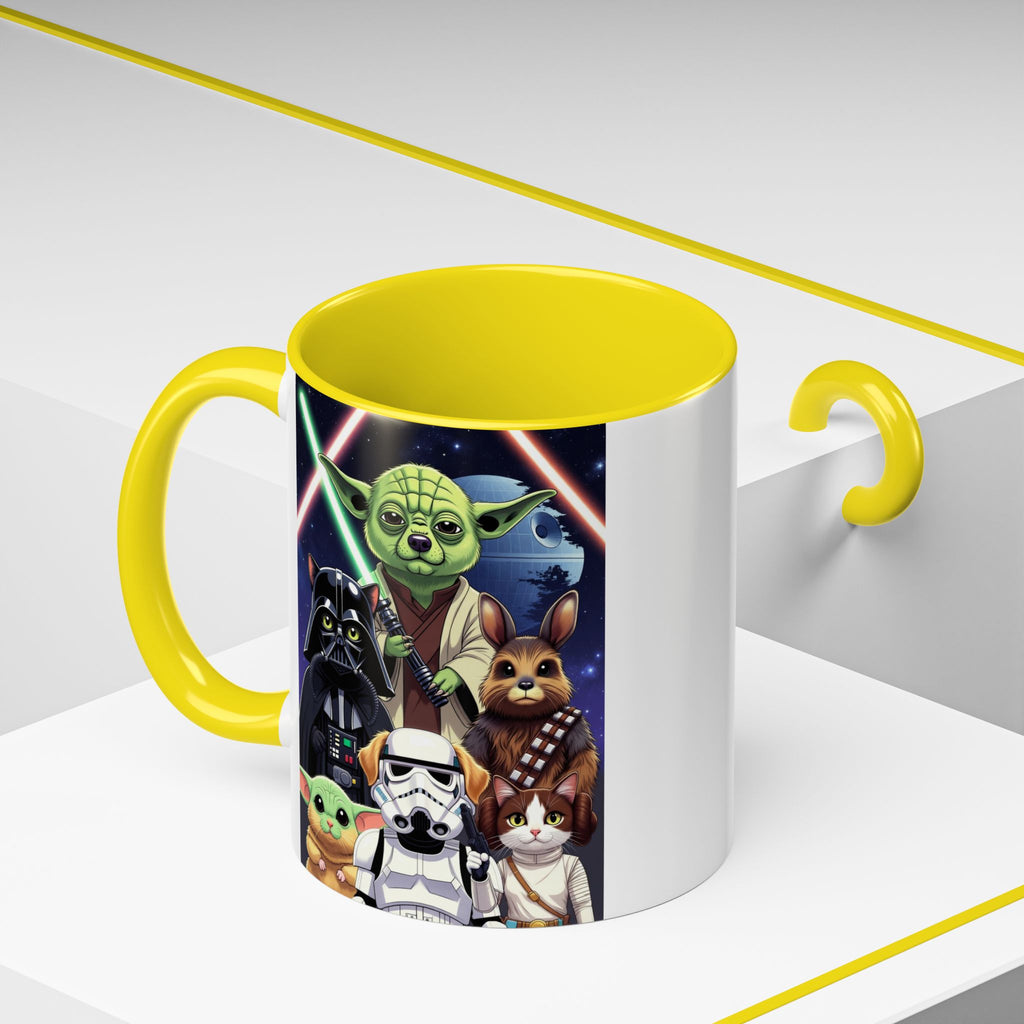 Star Wars Pets coffee mug featuring Yoda, Darth Vader, and various pets against a galaxy background with a yellow handle.