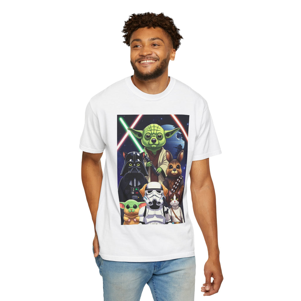 Star Wars Animal Mashup T-shirt featuring Yoda as a corgi, Darth Vader as a cat, and Chewbacca as a bunny.