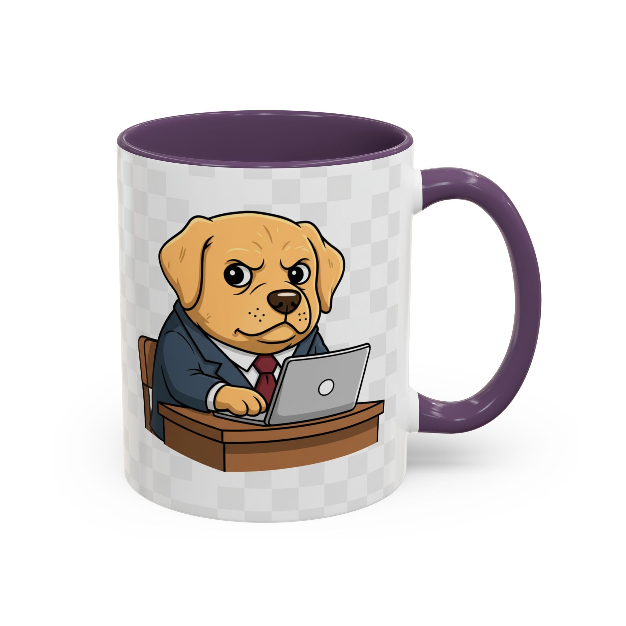 Yellow Lab Boss mug featuring a cartoon dog in a suit sitting at a desk with a laptop, purple handle and interior.