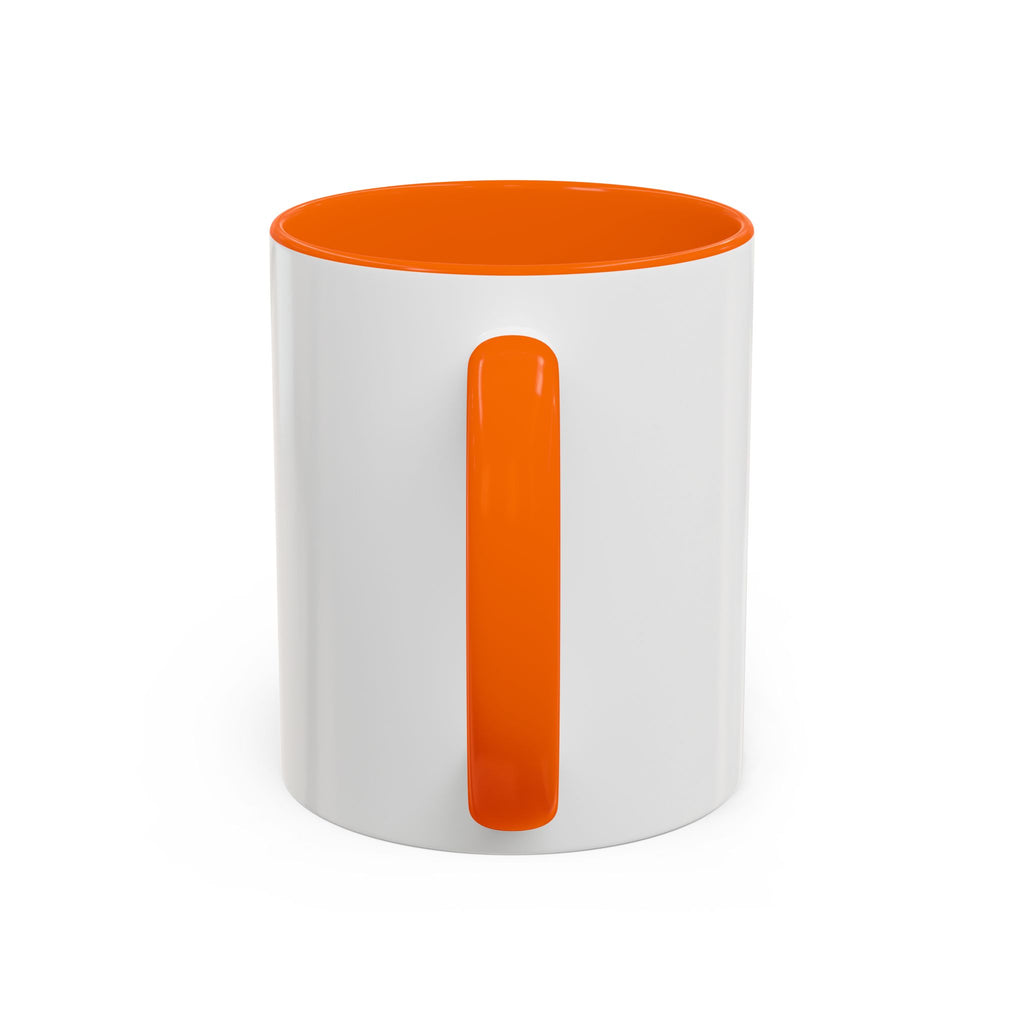 White mug with an orange interior and handle, featuring a cartoon beagle holding a magnifying glass.