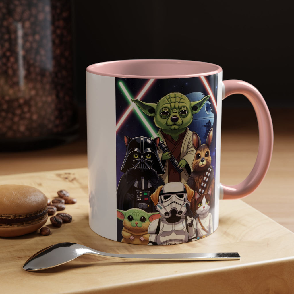 Star Wars Pets coffee mug featuring a galaxy design with cartoon cats and dogs, pink handle, and ceramic finish.