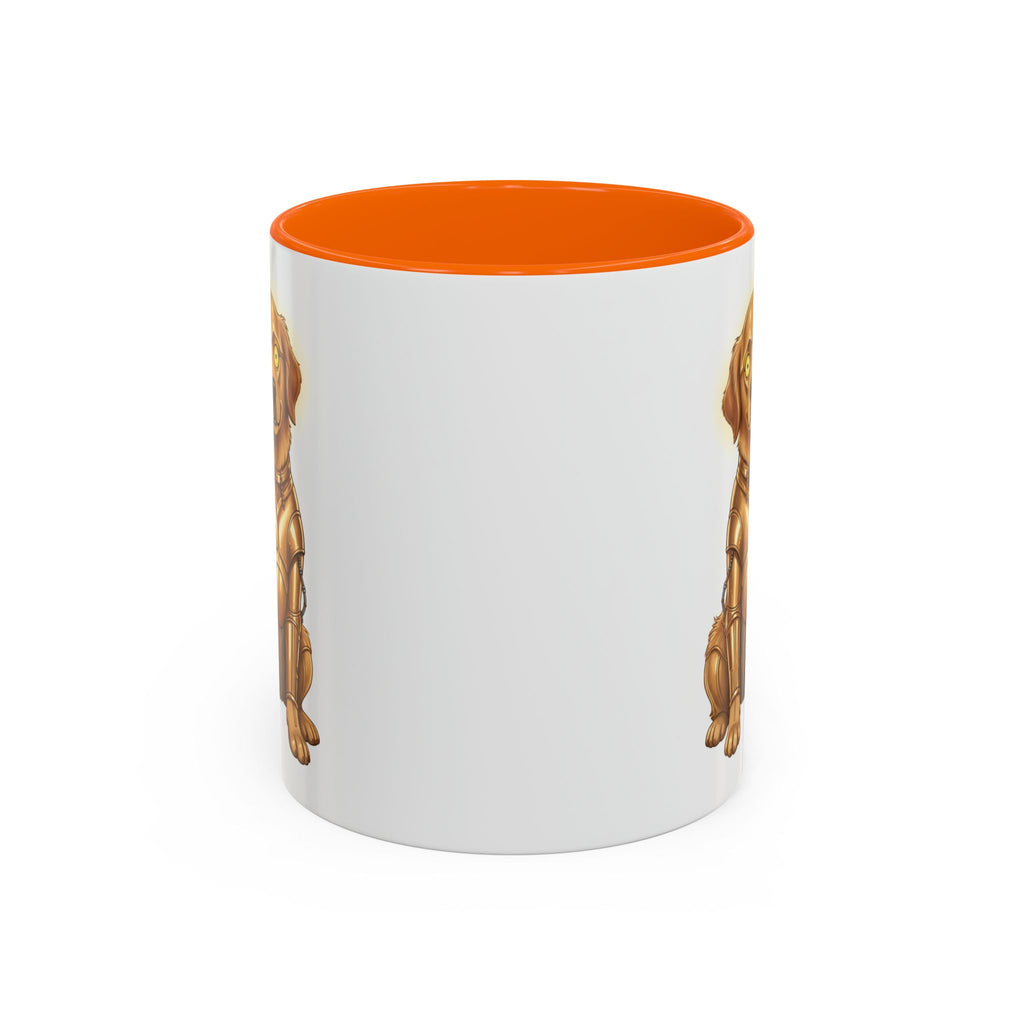 Golden Retriever C-3PO mug with an orange interior, featuring a golden retriever in a C-3PO costume on the exterior.