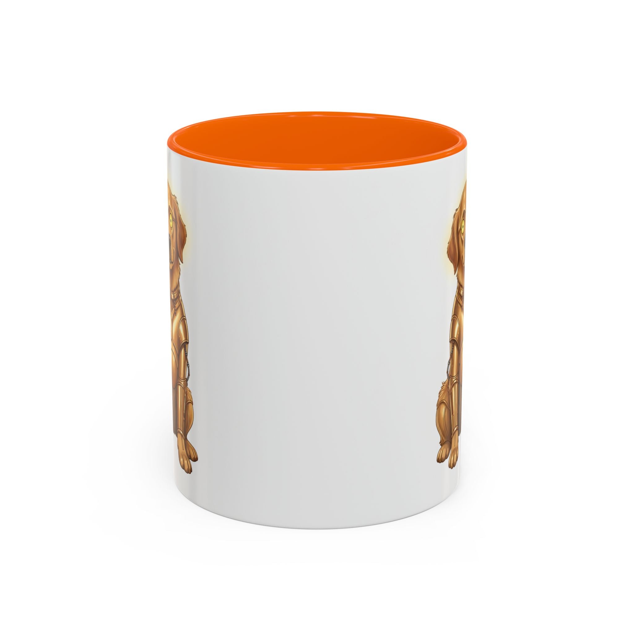Golden Retriever C-3PO mug with an orange interior, featuring a golden retriever in a C-3PO costume on the exterior.
