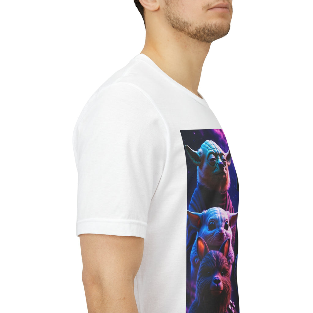 Pawsitive Force T-Shirt featuring a galaxy design with cats and dogs in vibrant colors on a white background.