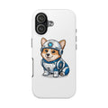 Corgi R2-D2 phone case featuring a cartoon corgi in a blue and white droid outfit on a white background.