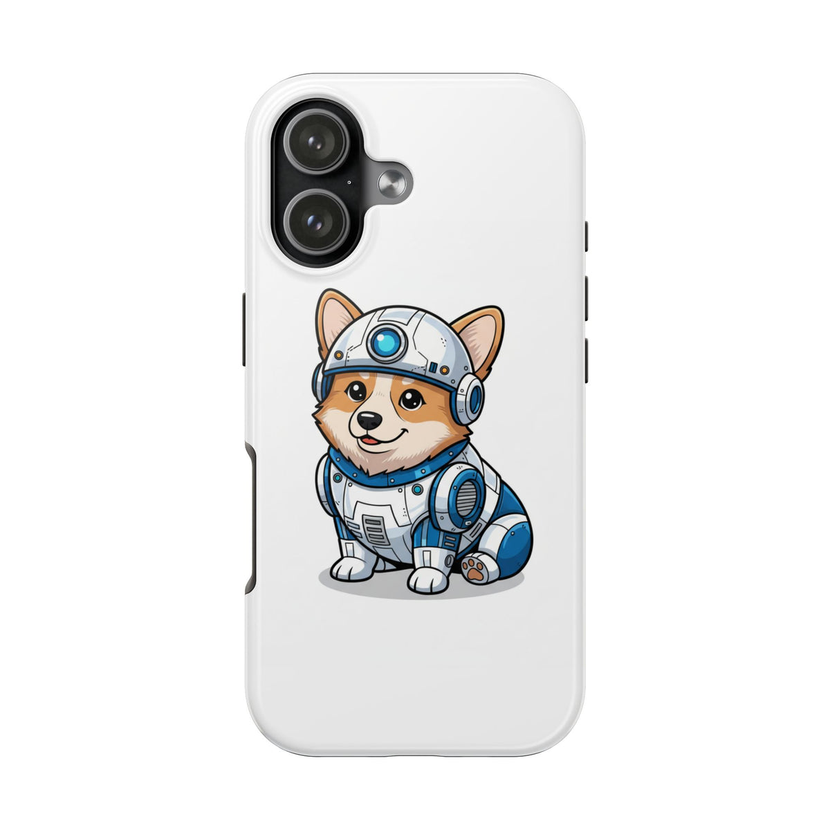 Corgi R2-D2 phone case featuring a cartoon corgi in a blue and white droid outfit on a white background.