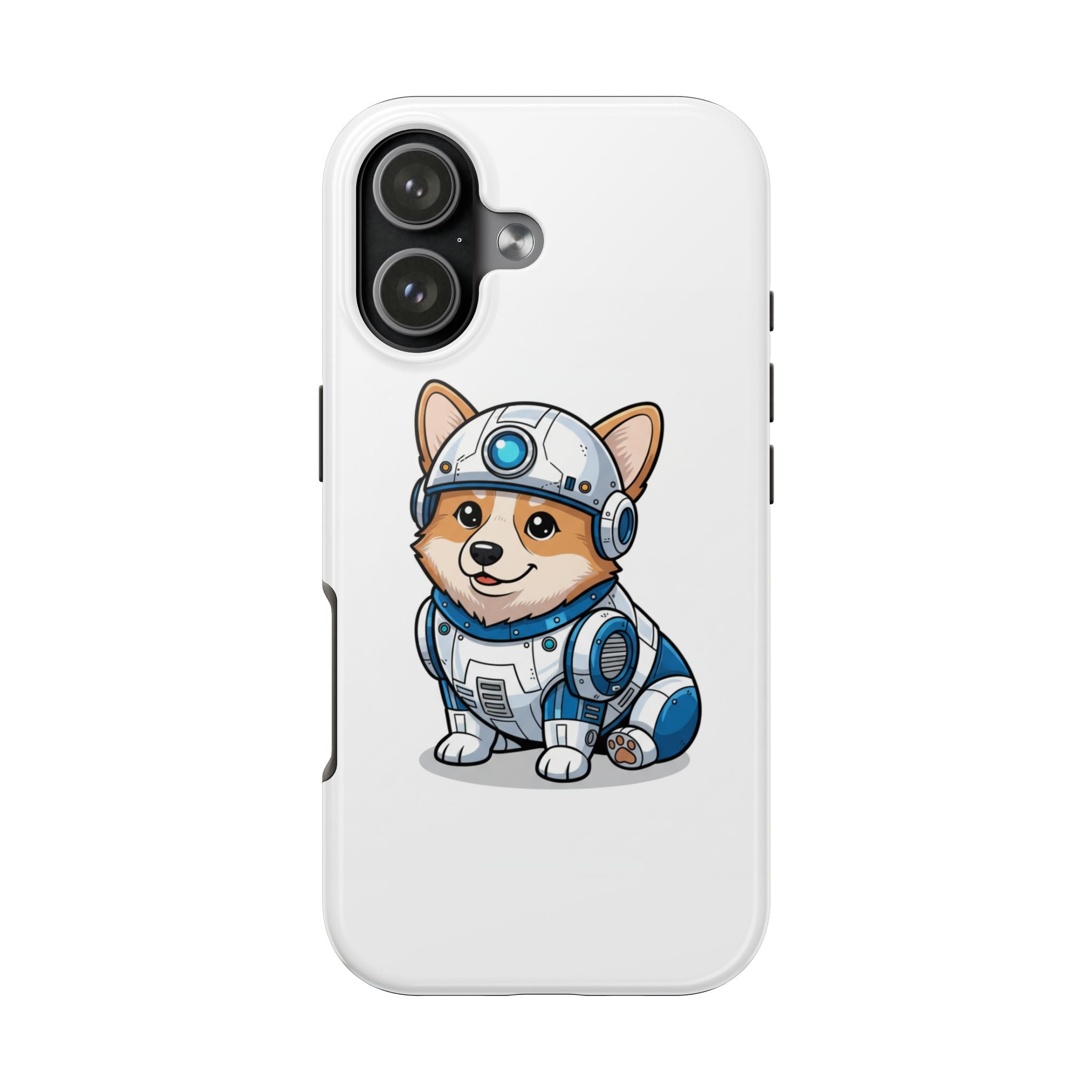 Corgi R2-D2 phone case featuring a cartoon corgi in a blue and white droid outfit on a white background.