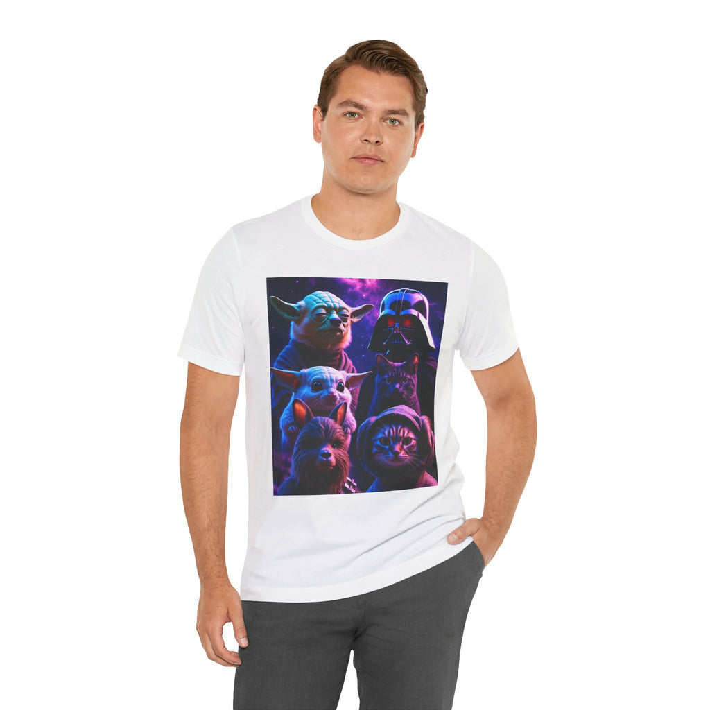 Pawsitive Force T-shirt featuring a graphic of cats and dogs styled as Star Wars characters on a white background.