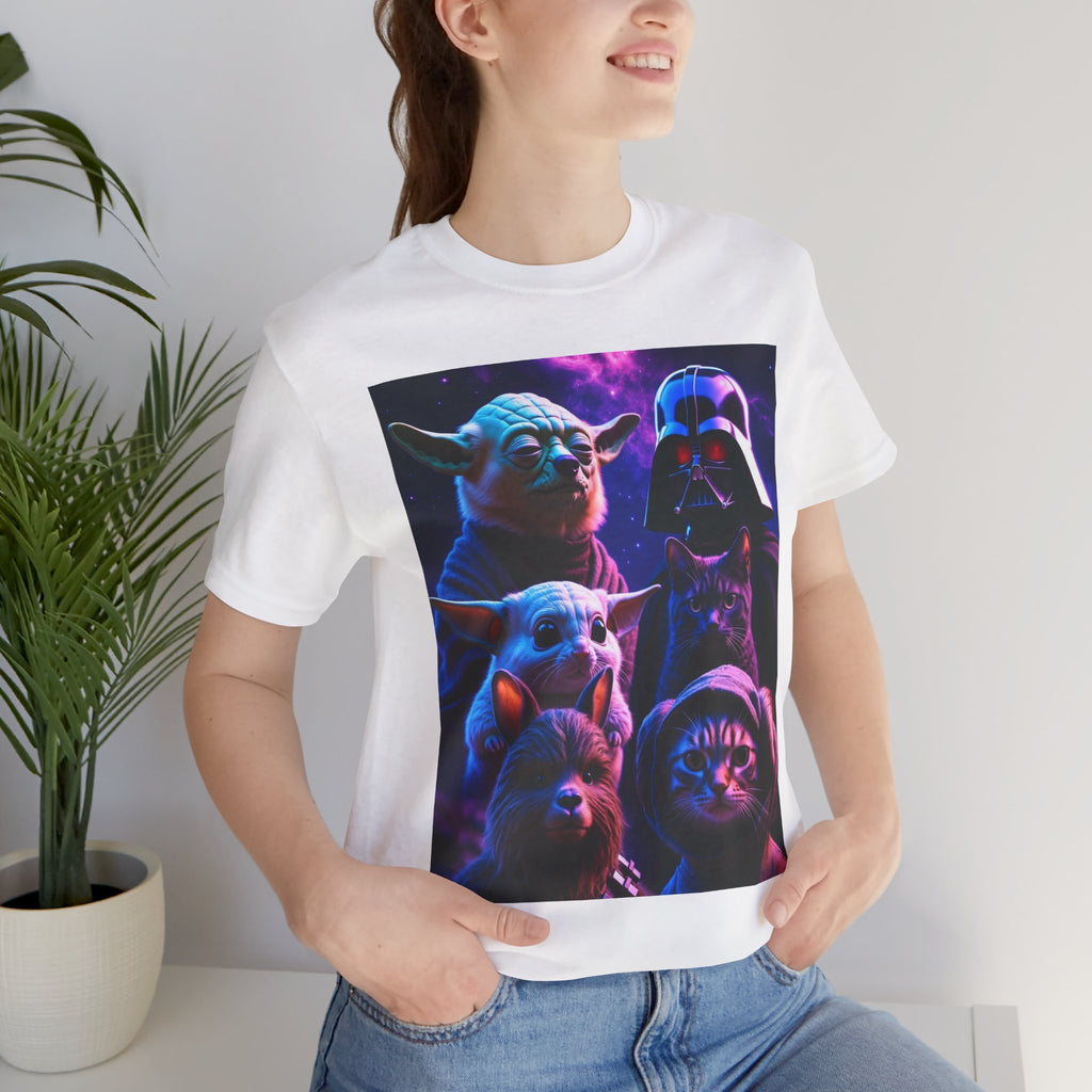 Pawsitive Force T-shirt featuring a galaxy design with cats and dogs in vibrant colors on a white background.