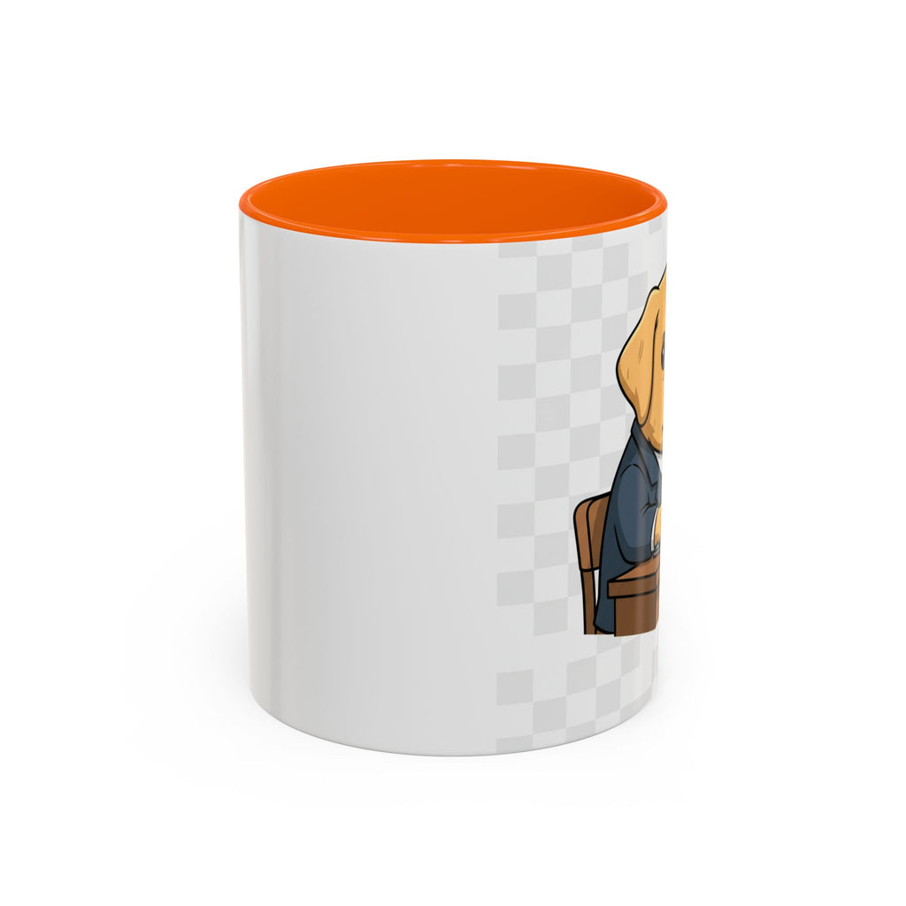 Yellow Lab Boss Mug featuring a dog in a suit, with an orange interior and a cartoon style on a white background.