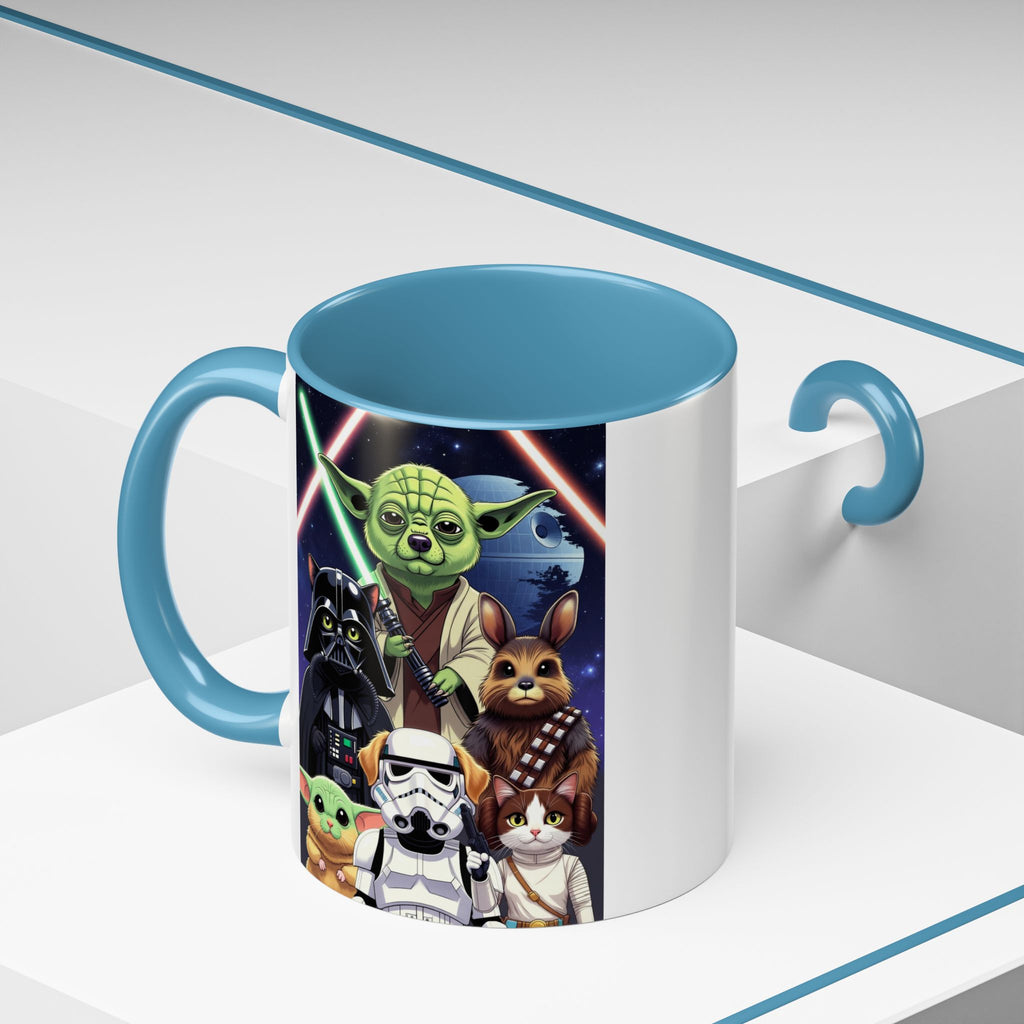 Star Wars Pets coffee mug featuring cartoon cats and dogs with galaxy background and blue handle.