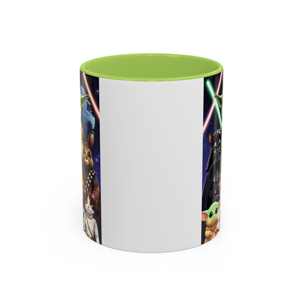 Star Wars Pets coffee mug featuring a galaxy design with cats and dogs, green interior, and colorful character illustrations.