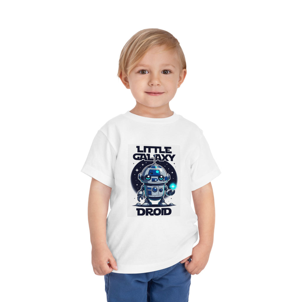 Little Galaxy Droid kids t-shirt in white, featuring a cute robot graphic and a child wearing it.
