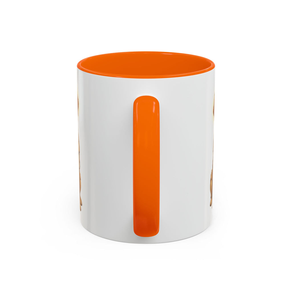 Golden Retriever C-3PO mug with an orange handle and interior, featuring a dog design on a white background.