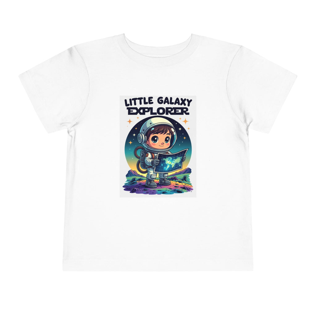 Little Galaxy Explorer kids t-shirt in white featuring a cartoon child astronaut holding a map with stars and planets.
