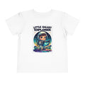 Little Galaxy Explorer kids t-shirt in white featuring a cartoon child astronaut holding a map with stars and planets.