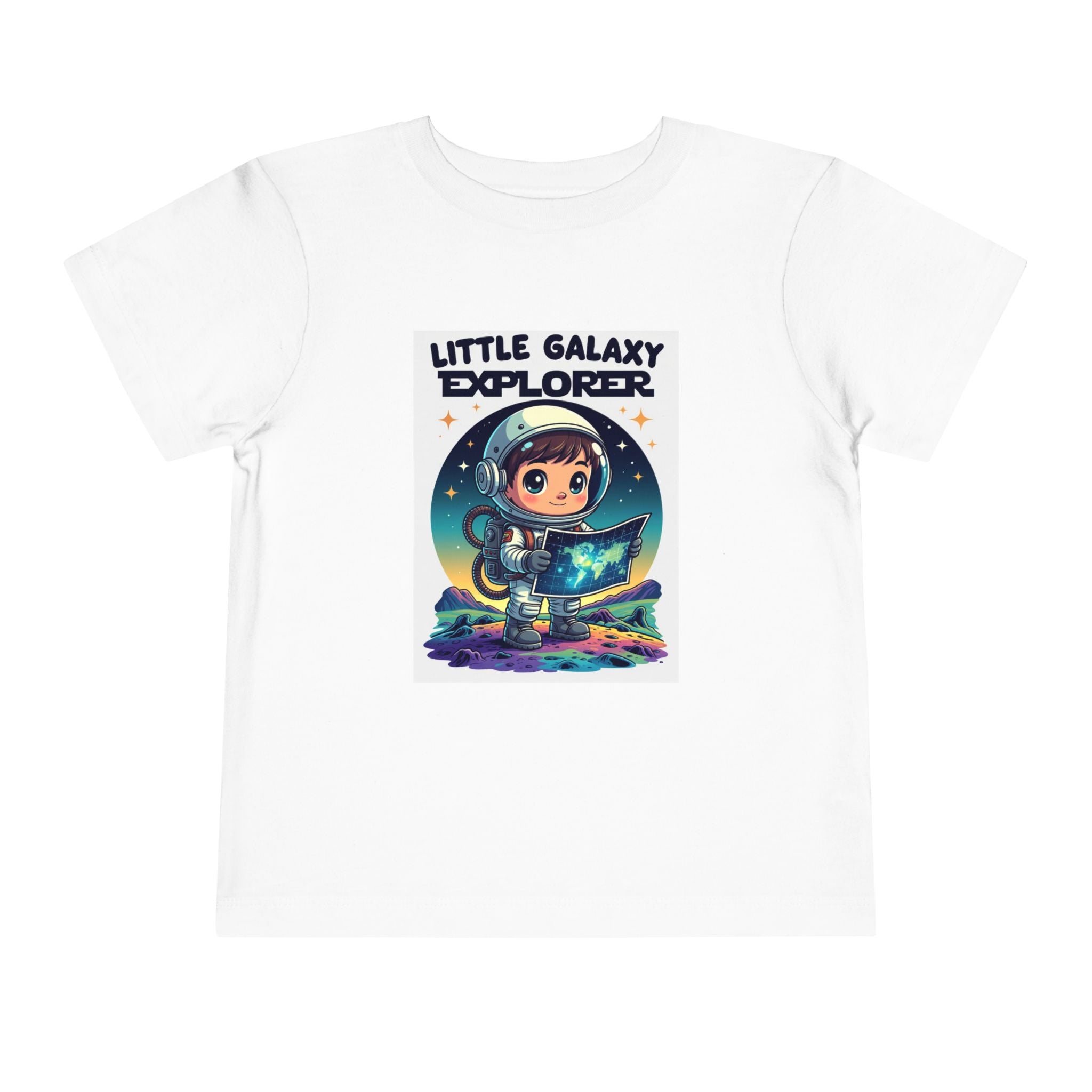Little Galaxy Explorer kids t-shirt in white featuring a cartoon child astronaut holding a map with stars and planets.